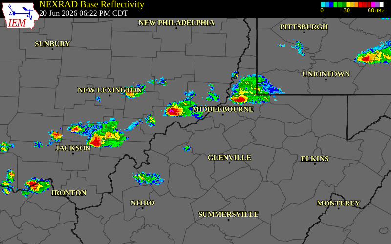 NEXRAD radar during the Saturday, June 20, 2026 storm activity in Tyler County, West Virginia