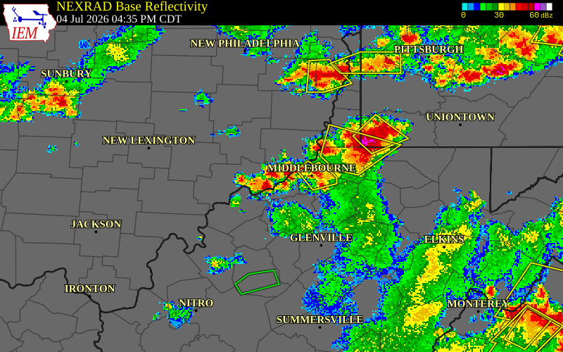 NEXRAD radar during the Saturday, July 4, 2026 storm activity in Tyler County, West Virginia