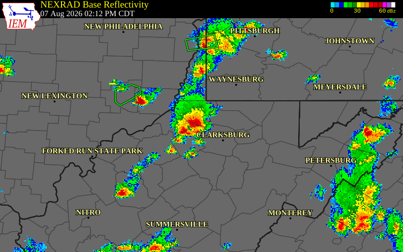 NEXRAD radar during the Friday, August 7, 2026 storm activity in Tyler County, West Virginia