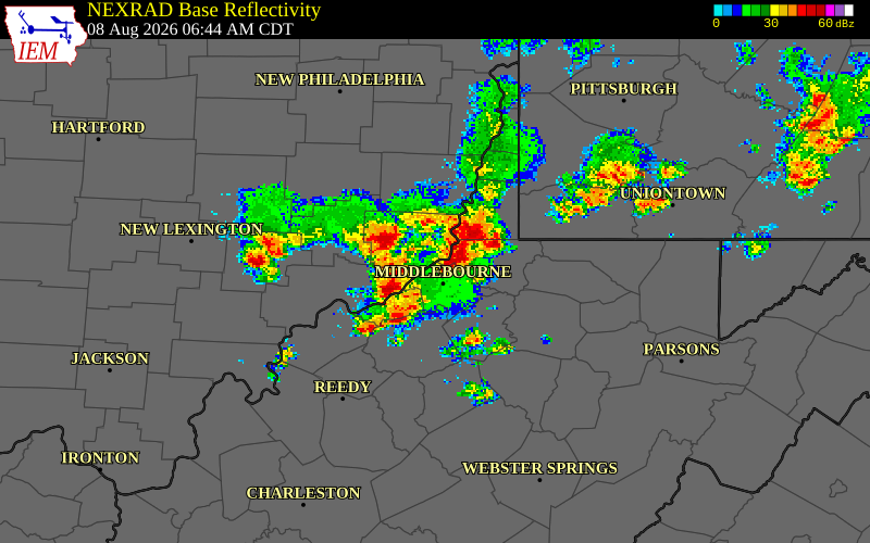 NEXRAD radar during the Saturday, August 8, 2026 storm activity in Tyler County, West Virginia