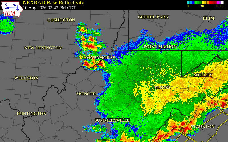 NEXRAD radar during the Monday, August 10, 2026 storm activity in Tyler County, West Virginia