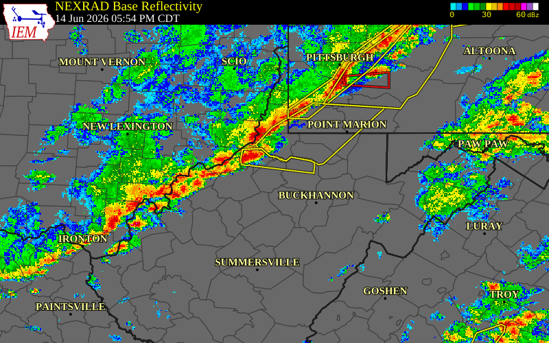 Radar snapshot during the Jun 14, 2026 wind event near Tyler County, Tyler County, West Virginia, with NWS warning polygons
