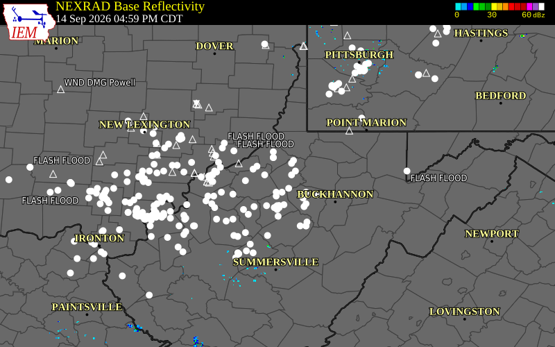 Current NEXRAD radar over Tyler County, West Virginia with recent storm report locations