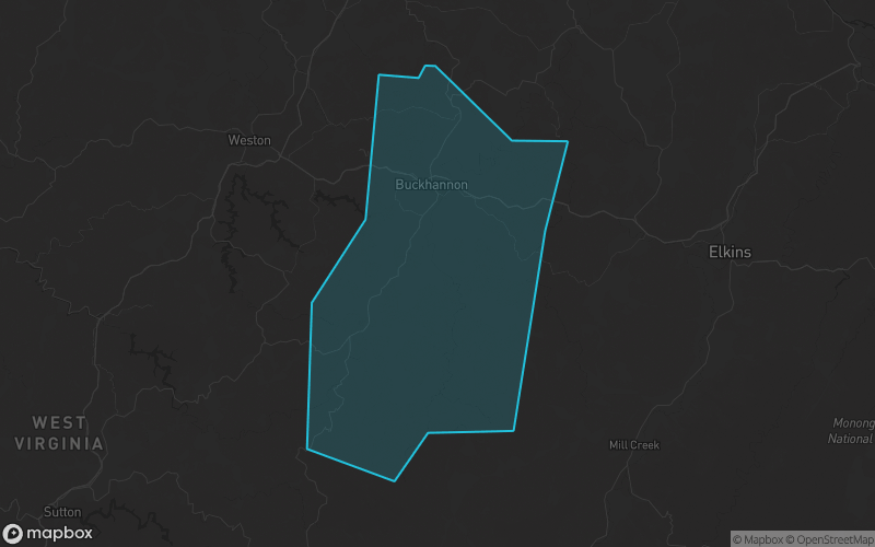 Map of Upshur County, West Virginia showing the county boundary and surrounding cities