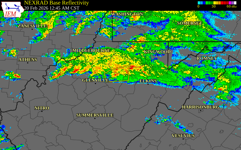 NEXRAD radar during the Friday, February 20, 2026 storm activity in Upshur County, West Virginia