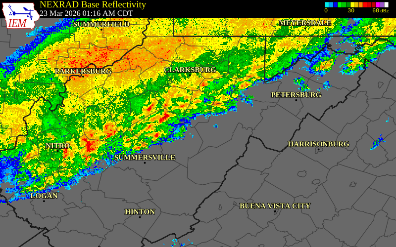 NEXRAD radar during the Monday, March 23, 2026 storm activity in Upshur County, West Virginia