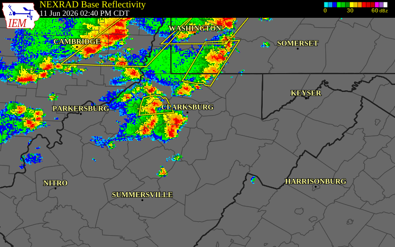 NEXRAD radar during the Thursday, June 11, 2026 storm activity in Upshur County, West Virginia