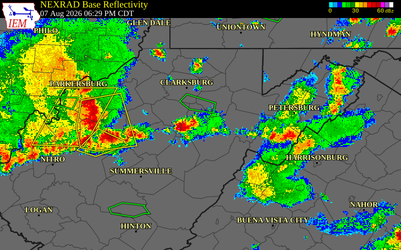NEXRAD radar during the Friday, August 7, 2026 storm activity in Upshur County, West Virginia