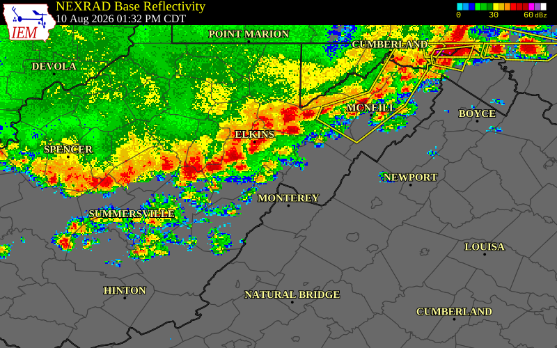 NEXRAD radar during the Monday, August 10, 2026 storm activity in Upshur County, West Virginia