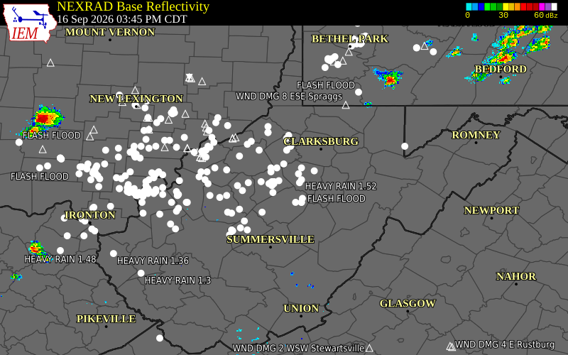 Current NEXRAD radar over Upshur County, West Virginia with recent storm report locations