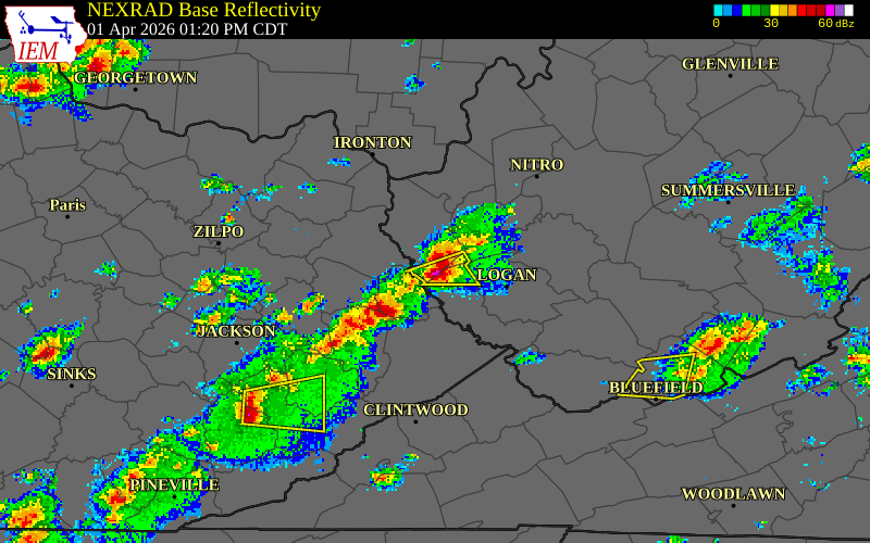 NEXRAD radar during the Wednesday, April 1, 2026 storm activity in Wayne County, West Virginia