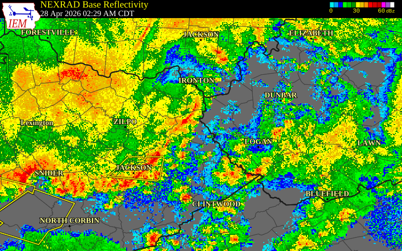 NEXRAD radar during the Tuesday, April 28, 2026 storm activity in Wayne County, West Virginia