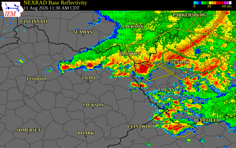 NEXRAD radar during the Tuesday, August 11, 2026 storm activity in Wayne County, West Virginia
