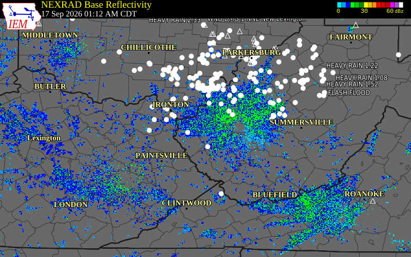 Current NEXRAD radar over Wayne County, West Virginia with recent storm report locations