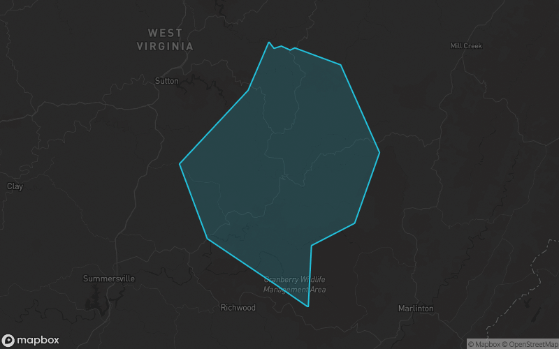 Map of Webster County, West Virginia showing the county boundary and surrounding cities