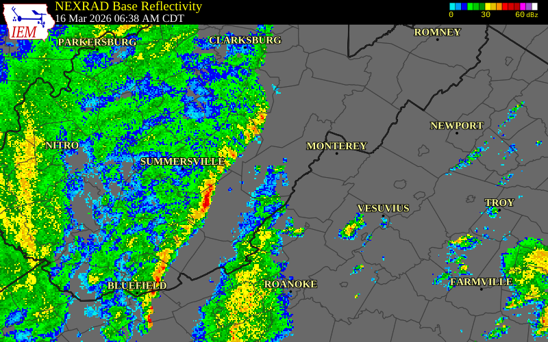 NEXRAD radar during the Monday, March 16, 2026 storm activity in Webster County, West Virginia