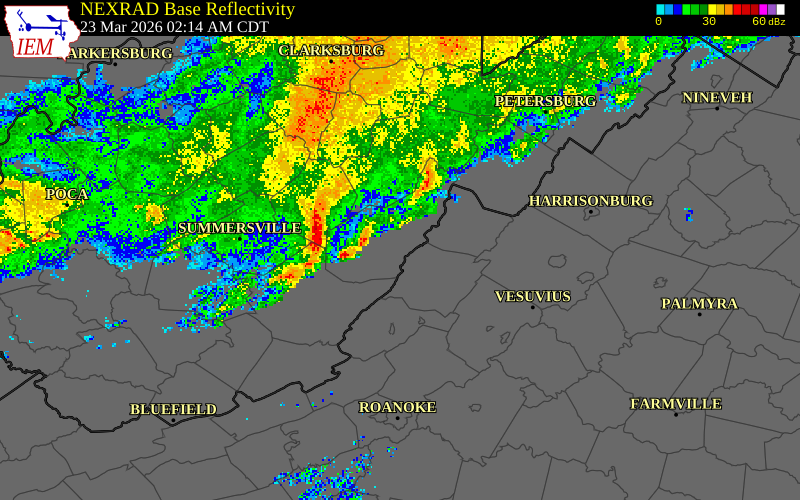 NEXRAD radar during the Monday, March 23, 2026 storm activity in Webster County, West Virginia