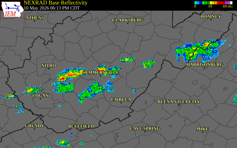 NEXRAD radar during the Sunday, May 10, 2026 storm activity in Webster County, West Virginia