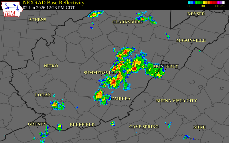 NEXRAD radar during the Tuesday, June 2, 2026 storm activity in Webster County, West Virginia