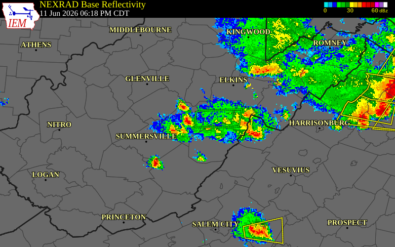 NEXRAD radar during the Thursday, June 11, 2026 storm activity in Webster County, West Virginia