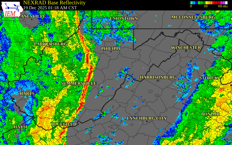 Radar snapshot during the Dec 19, 2025 wind event near Webster County, Webster County, West Virginia, with NWS warning polygons
