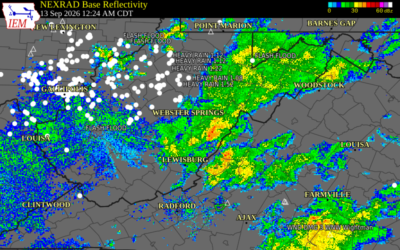 Current NEXRAD radar over Webster County, West Virginia with recent storm report locations