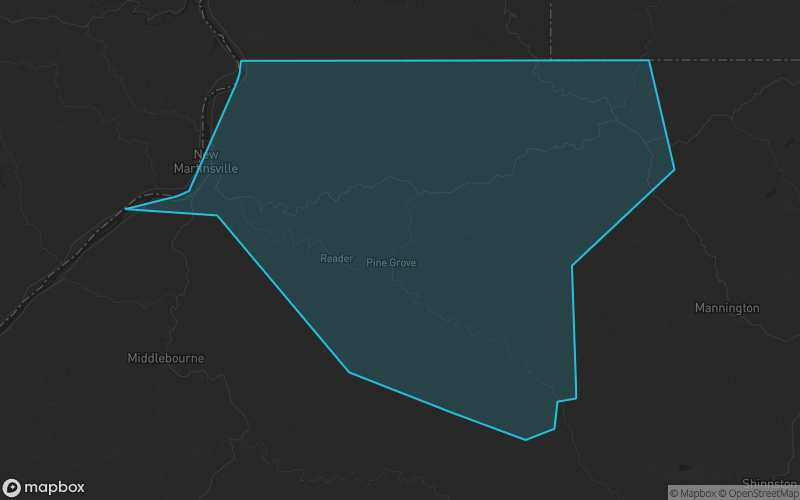 Map of Wetzel County, West Virginia showing the county boundary and surrounding cities