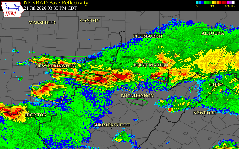 Radar snapshot during the Jul 21, 2026 wind event near 2 NNE Pine Grove, Wetzel County, West Virginia, with NWS warning polygons