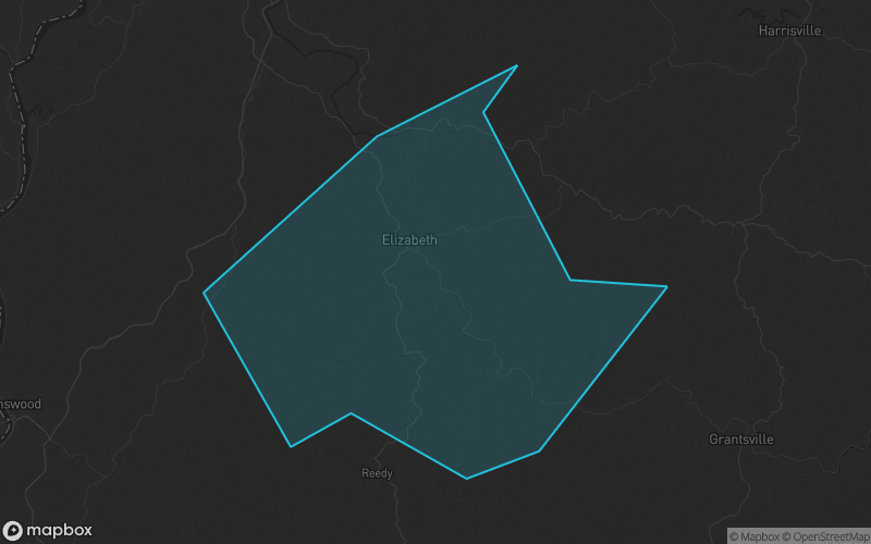 Map of Wirt County, West Virginia showing the county boundary and surrounding cities