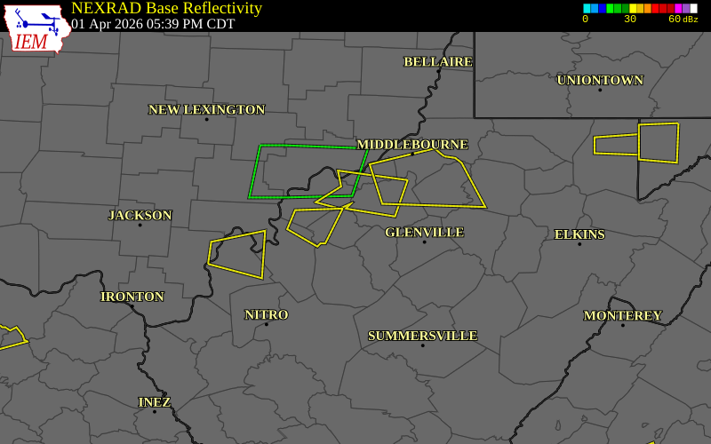 NEXRAD radar during the Wednesday, April 1, 2026 storm activity in Wirt County, West Virginia