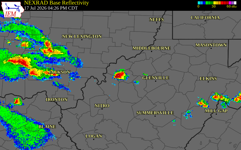 NEXRAD radar during the Friday, July 17, 2026 storm activity in Wirt County, West Virginia