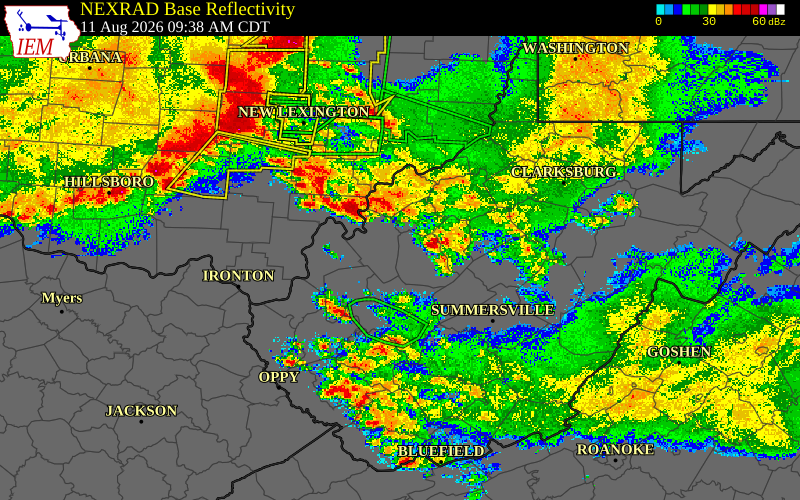 Radar snapshot during the Aug 11, 2026 wind event near Wirt County, Wirt County, West Virginia, with NWS warning polygons