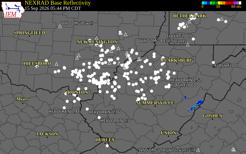 Current NEXRAD radar over Wirt County, West Virginia with recent storm report locations
