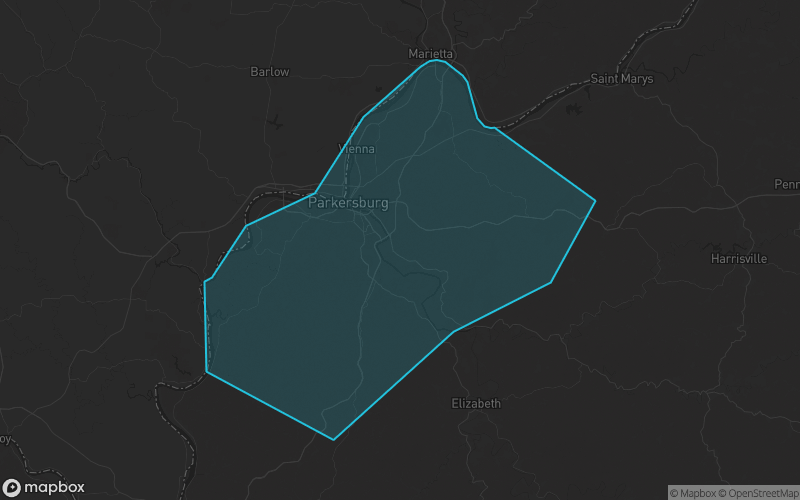 Map of Wood County, West Virginia showing the county boundary and surrounding cities