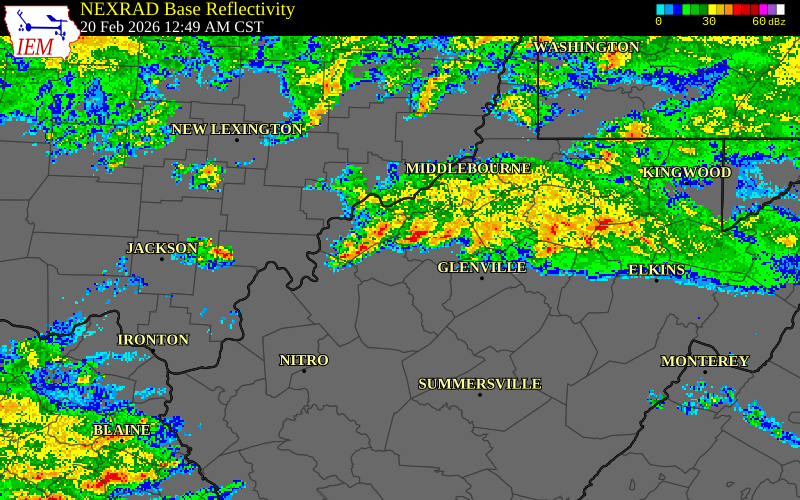NEXRAD radar during the Friday, February 20, 2026 storm activity in Wood County, West Virginia