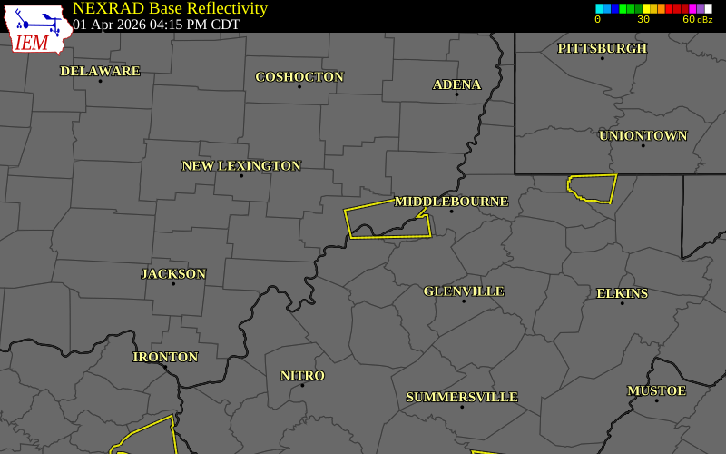NEXRAD radar during the Wednesday, April 1, 2026 storm activity in Wood County, West Virginia