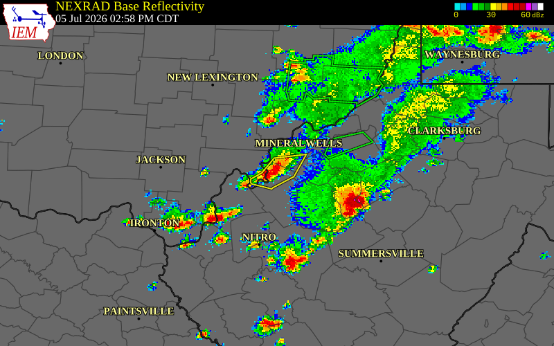 NEXRAD radar during the Sunday, July 5, 2026 storm activity in Wood County, West Virginia