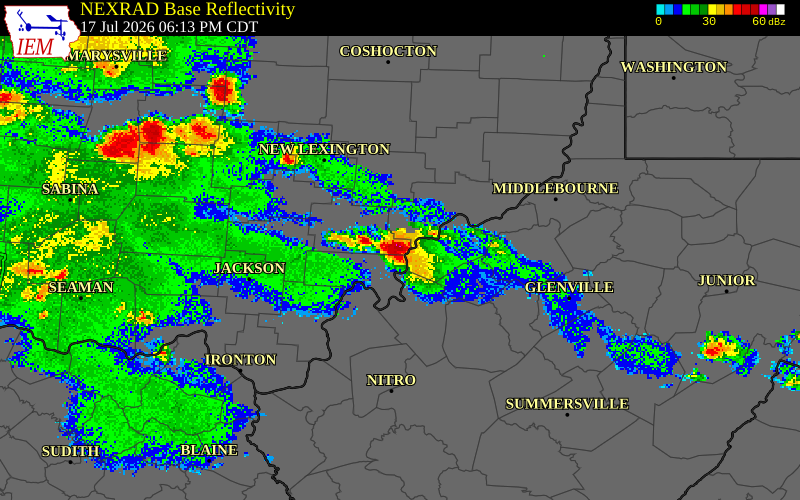 NEXRAD radar during the Friday, July 17, 2026 storm activity in Wood County, West Virginia