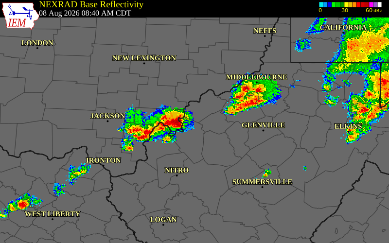 NEXRAD radar during the Saturday, August 8, 2026 storm activity in Wood County, West Virginia