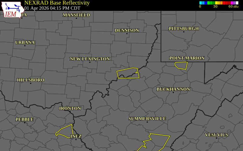 Radar snapshot during the Apr 1, 2026 hail event near Williamstown, Wood County, West Virginia, with NWS warning polygons