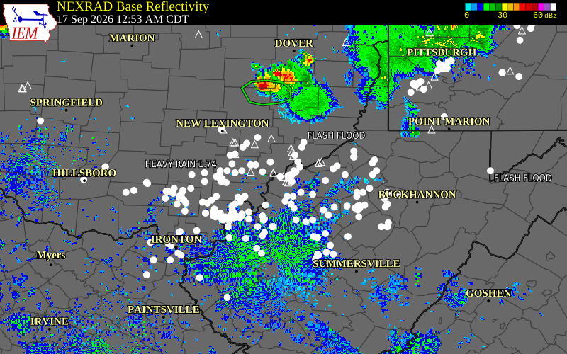 Current NEXRAD radar over Wood County, West Virginia with recent storm report locations