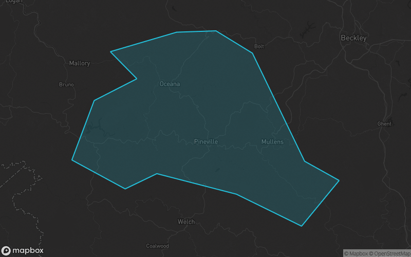 Map of Wyoming County, West Virginia showing the county boundary and surrounding cities