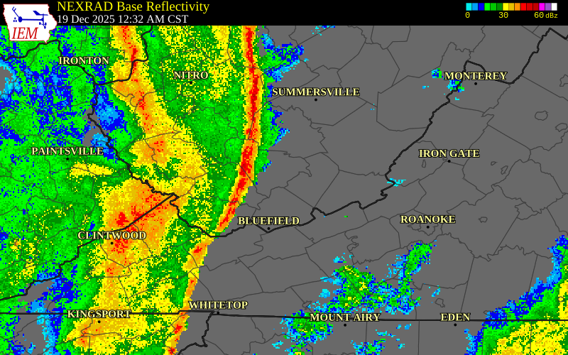NEXRAD radar during the Friday, December 19, 2025 storm activity in Wyoming County, West Virginia