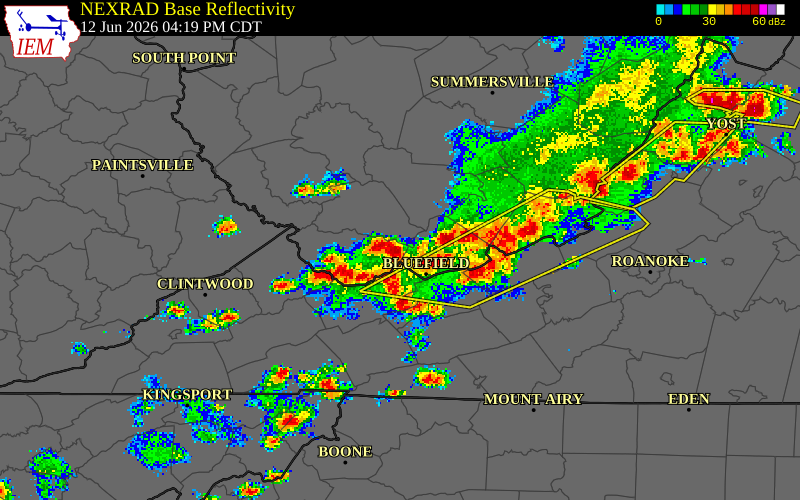 NEXRAD radar during the Friday, June 12, 2026 storm activity in Wyoming County, West Virginia