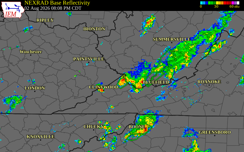 Radar snapshot during the Aug 2, 2026 wind event near Wyoming County, Wyoming County, West Virginia, with NWS warning polygons