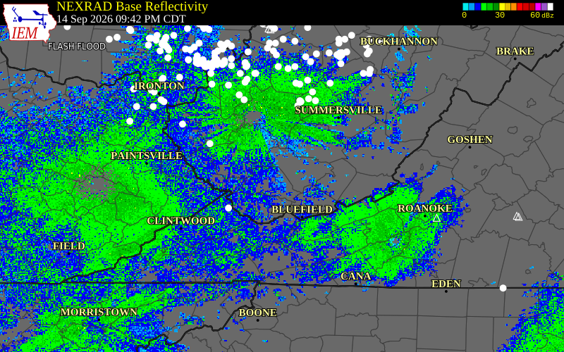 Current NEXRAD radar over Wyoming County, West Virginia with recent storm report locations