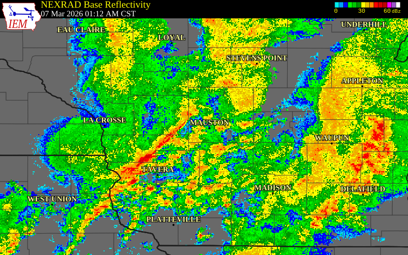 NEXRAD radar during the Saturday, March 7, 2026 storm activity in Adams County, Wisconsin