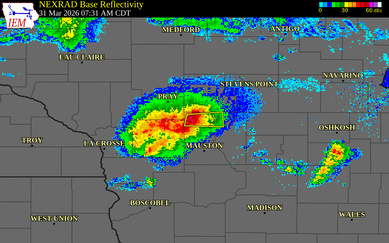 NEXRAD radar during the Tuesday, March 31, 2026 storm activity in Adams County, Wisconsin