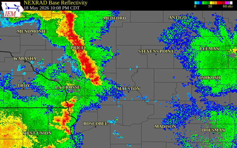 NEXRAD radar during the Monday, May 18, 2026 storm activity in Adams County, Wisconsin