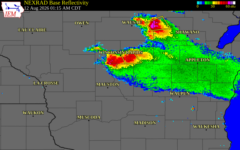 NEXRAD radar during the Wednesday, August 12, 2026 storm activity in Adams County, Wisconsin